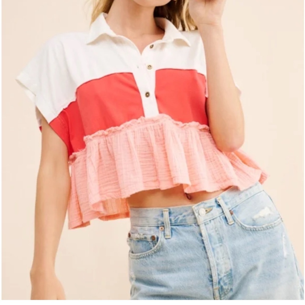 Pilcro Bonfire Rugby White and Pink Stitch Detail Top. Size L
